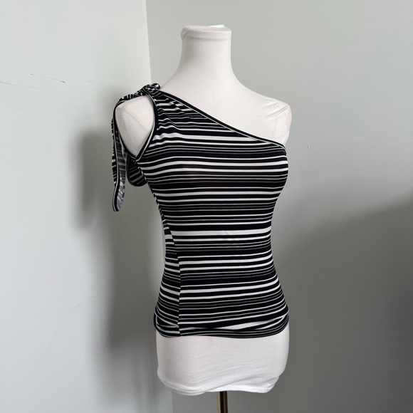 Y2K Striped One Shoulder Tank Top | Black White Tie Strap Asymmetrical Retro S - Picture 2 of 5